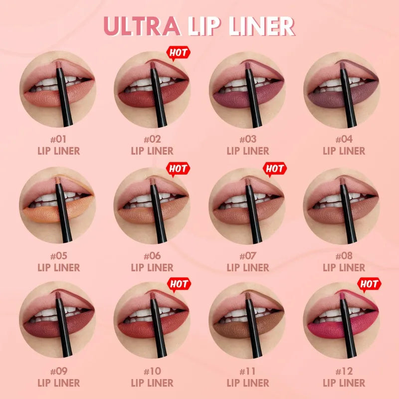 Waterproof Matte Lip Liner – Long-Lasting, Moisturizing, 12 Colors