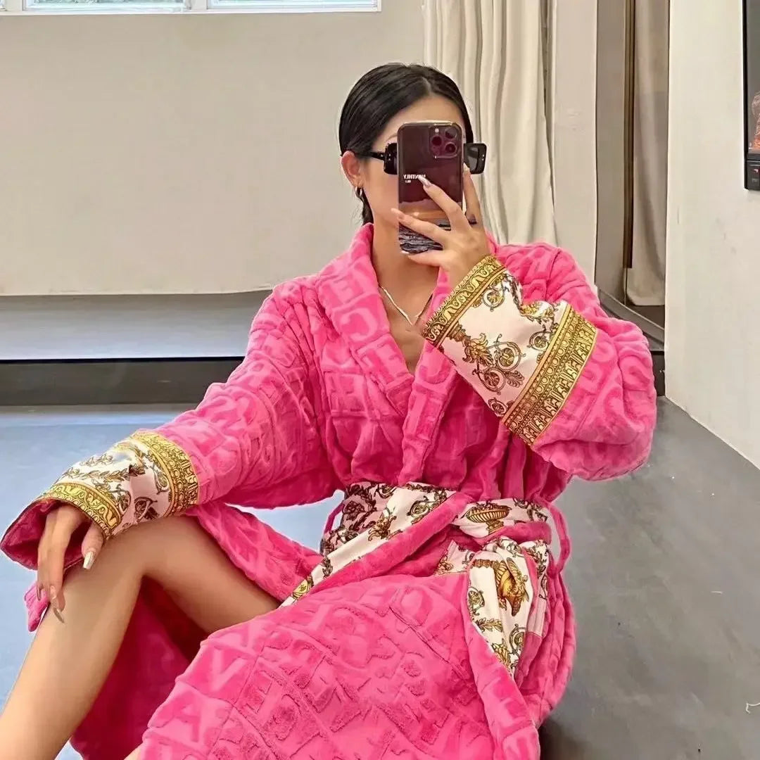 Autumn Winter Bathrobe with Sash, Long Sleeve, Pockets, Nightgown for Men & Women