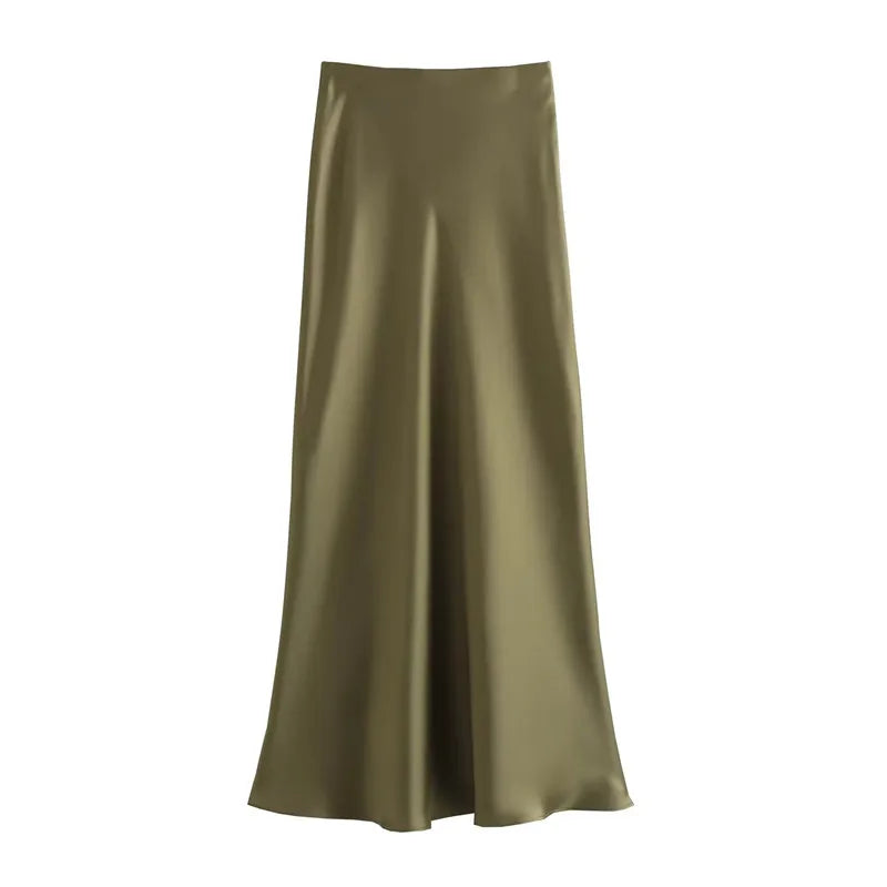 MUJER Women’s Satin High-Waist Long Midi Skirt – Elegant Summer Office Wear