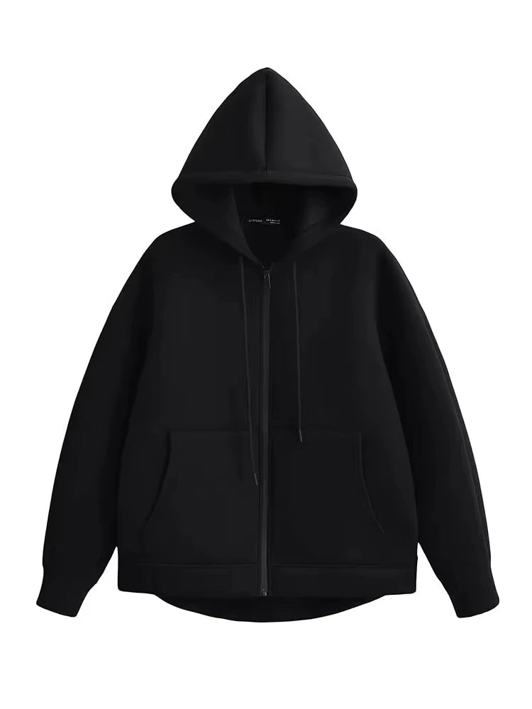 Women’s Winter Zipper Hoodie – Oversized High Street Coat with Double Pockets