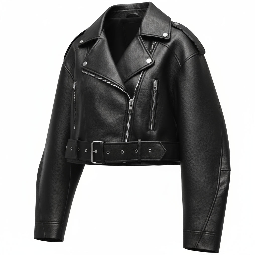 Vintage Loose PU Faux Leather Jacket – Belted Retro Moto Biker Coat with Zipper