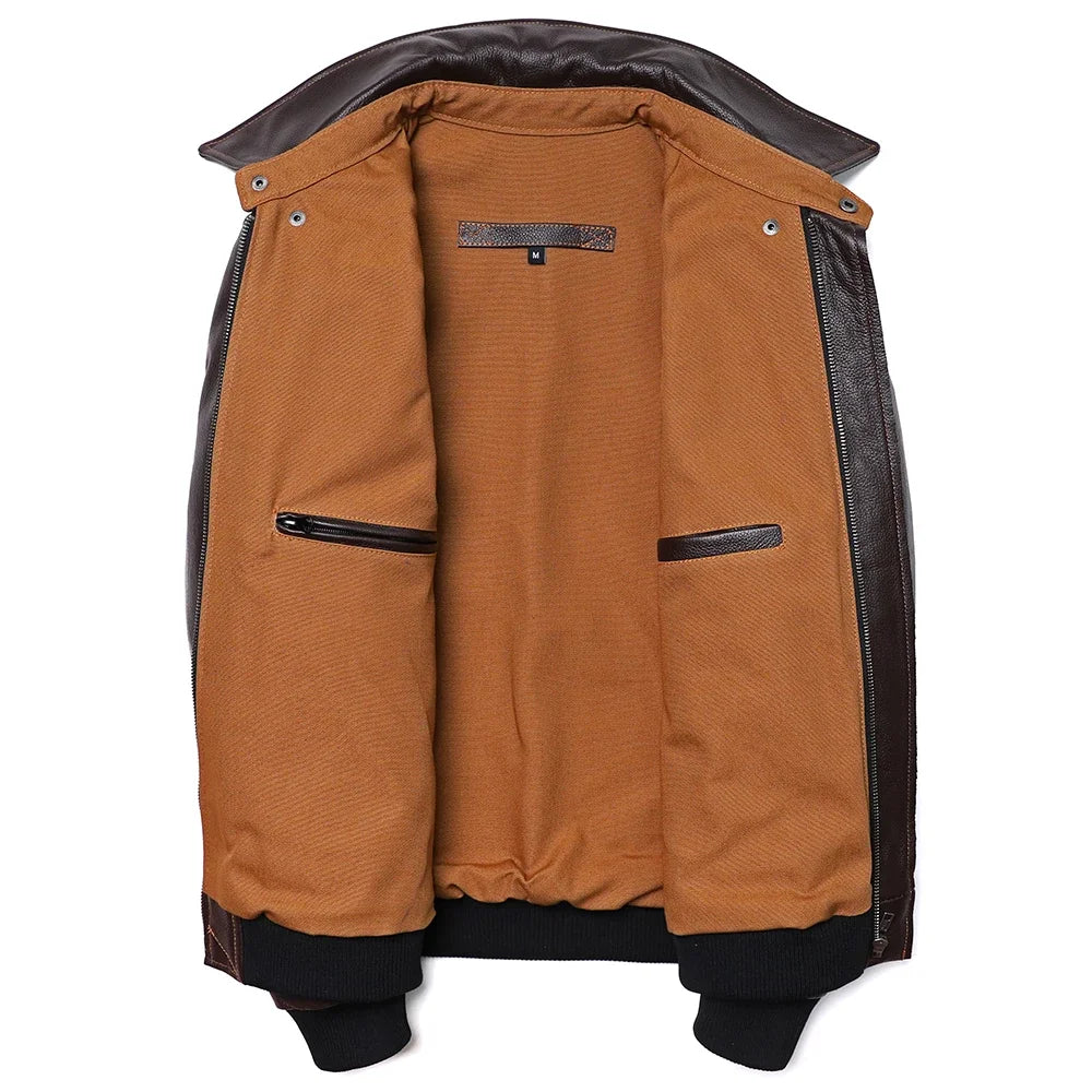 Men's A2-style genuine leather flight jacket made from cowhide and calfskin in brown