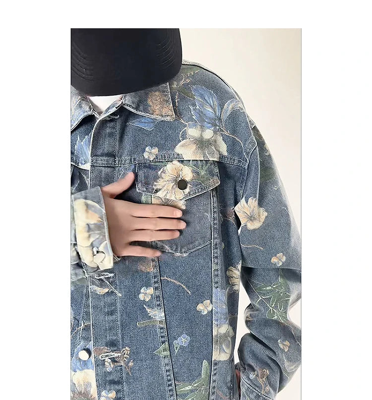 Vintage Floral Print Denim Jacket Men's Distressed Coat Streetwear Loose Fit Long Sleeve Jackets Korean Bomber Jeans Jacket