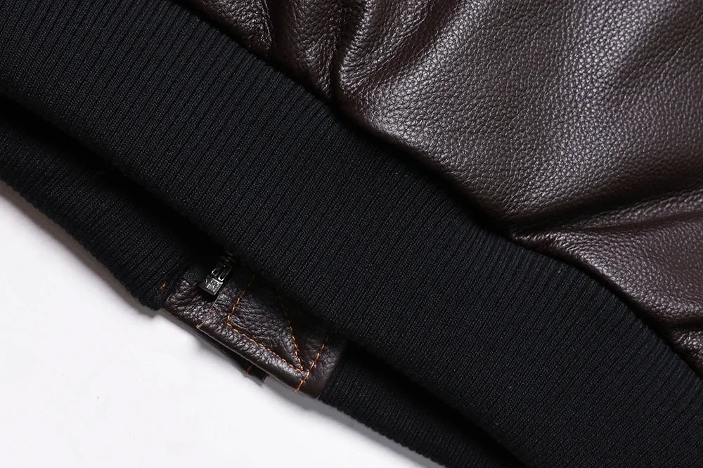 Men's A2-style genuine leather flight jacket made from cowhide and calfskin in brown