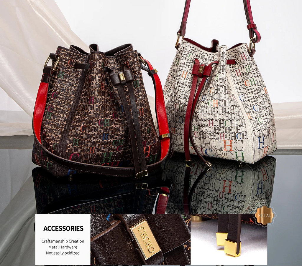 Women's Handbag New Drawstring Bucket Bag Coffee Color Letter Printed Wallet