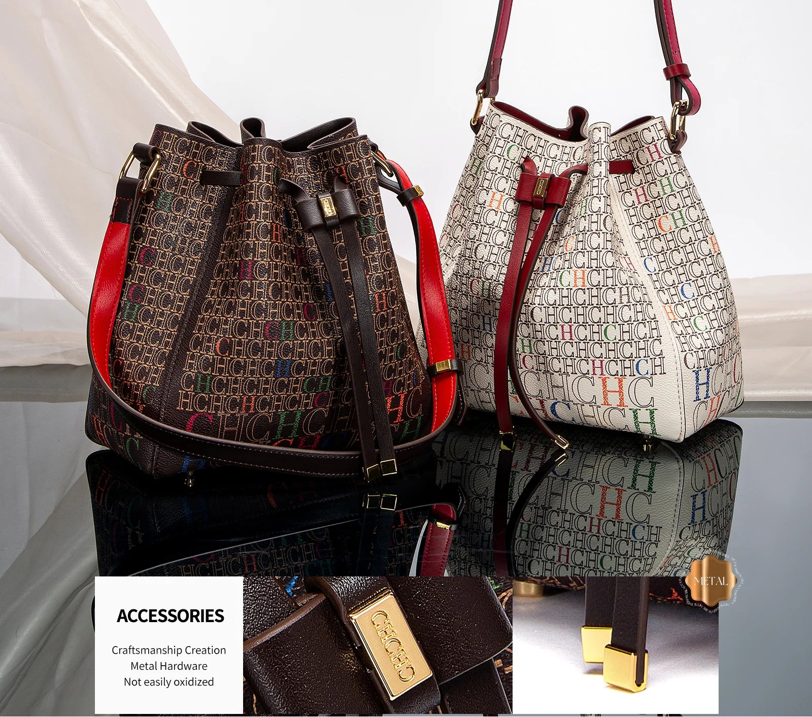 Women's Handbag New Drawstring Bucket Bag Coffee Color Letter Printed Wallet