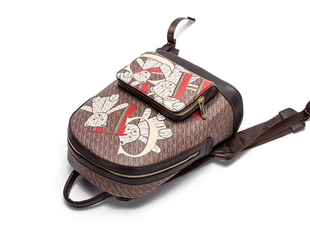 Alphabet Women's Backpack Large Capacity Design Luxury Brand Fashion Little Bear Cartoon Pattern
