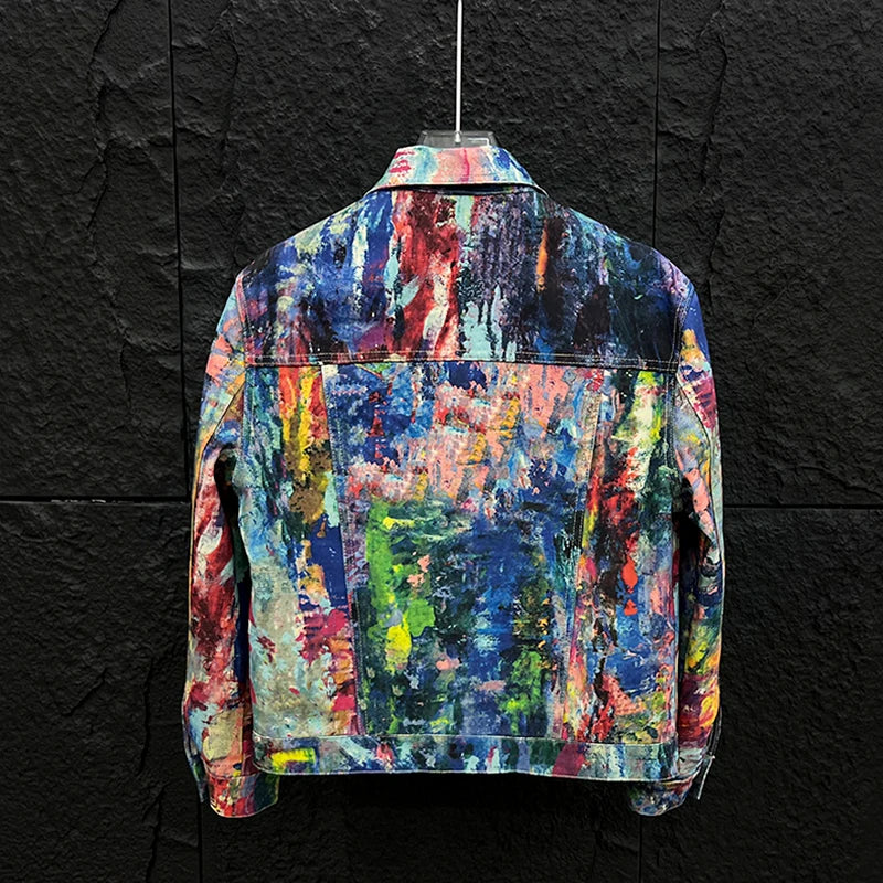 Men’s Graffiti Denim Jacket – Colorful Oil Painting Style, Trendy Loose-Fit Casual Coat
