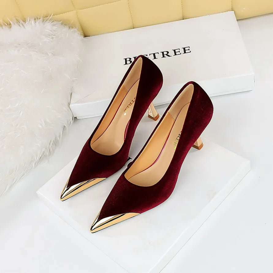 BIGTREE Velvet Wine Glass Heels – Sexy Pointed Party Pumps for Women