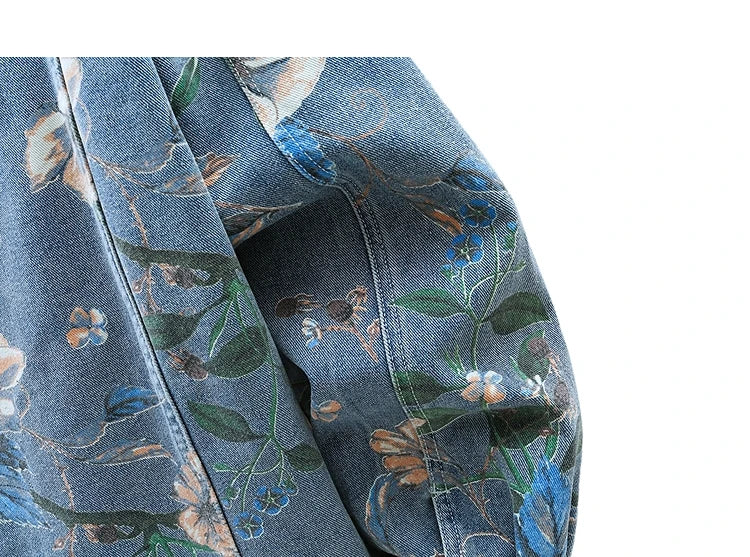 Vintage Floral Print Denim Jacket Men's Distressed Coat Streetwear Loose Fit Long Sleeve Jackets Korean Bomber Jeans Jacket