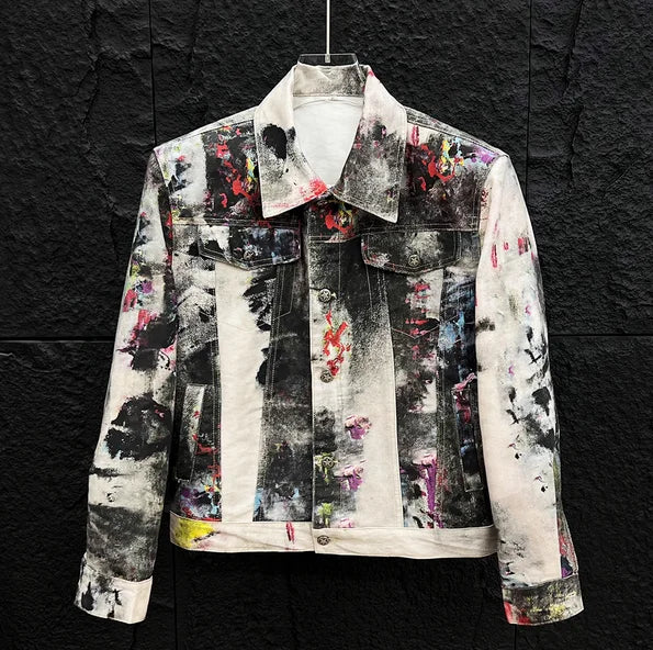 Men’s Graffiti Denim Jacket – Colorful Oil Painting Style, Trendy Loose-Fit Casual Coat