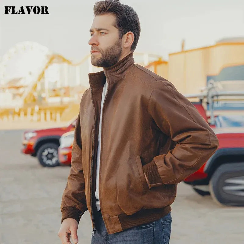 FLAVOR Men's Real Pigskin Leather Bomber Casual Jacket Stand Collar Leather Coat