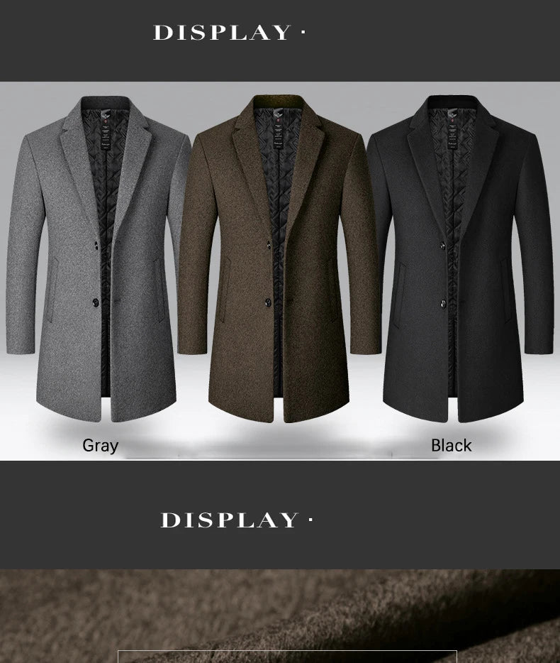 BROWON Men’s Wool Trench Coat – Long Solid Color Business Casual Windbreaker