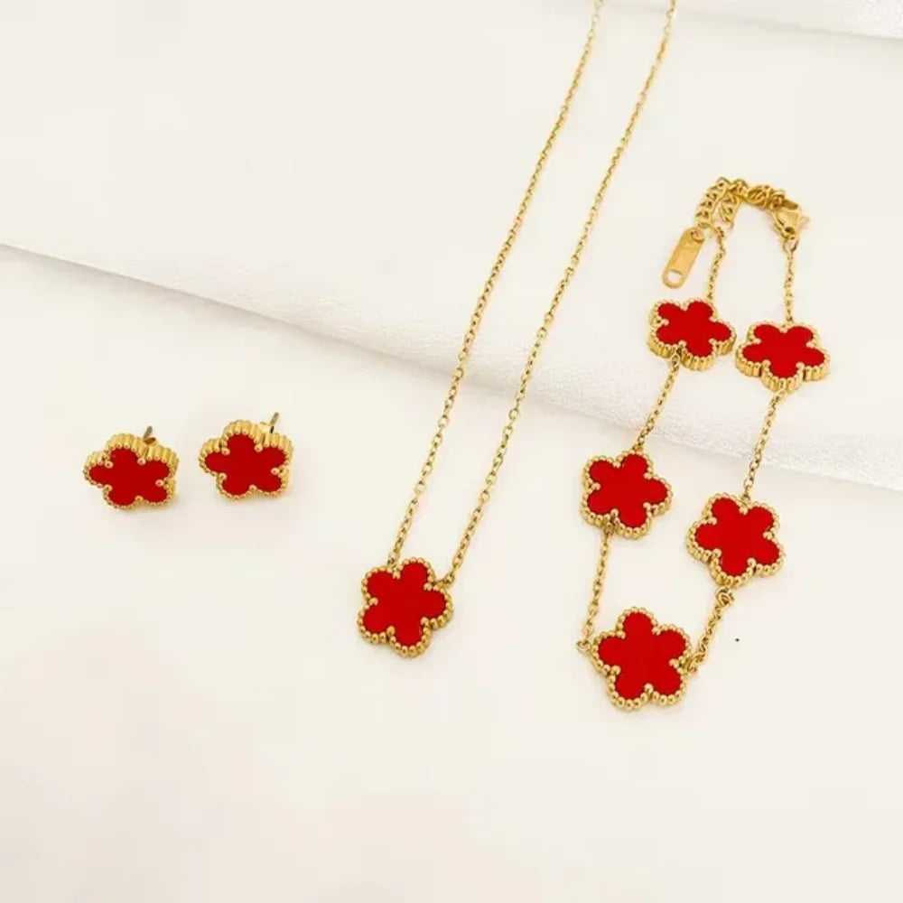 Women’s Jewelry Set – Necklace, Bracelet & Earrings, Plum Blossom Five-Leaf Design
