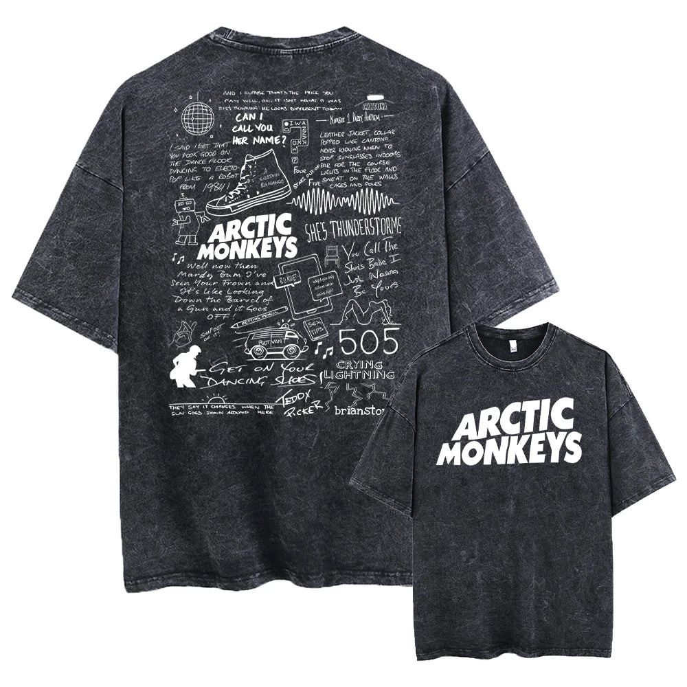 Here is a description based on your input:  Retro Arctic Monkeys Graphic T-Shirt, Vintage Washed, Oversized Fit, Y2K Style, Hip Hop Streetwear for Men