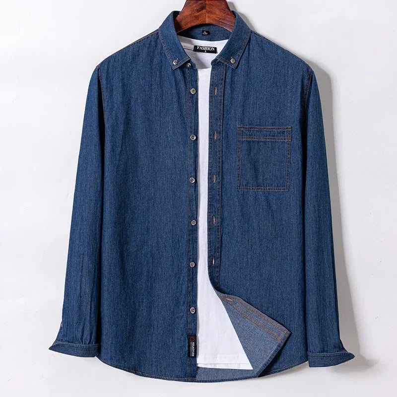 Men’s 100% Cotton Denim Shirt – Long Sleeve, Classic Fit, Pocket Design & Embroidery