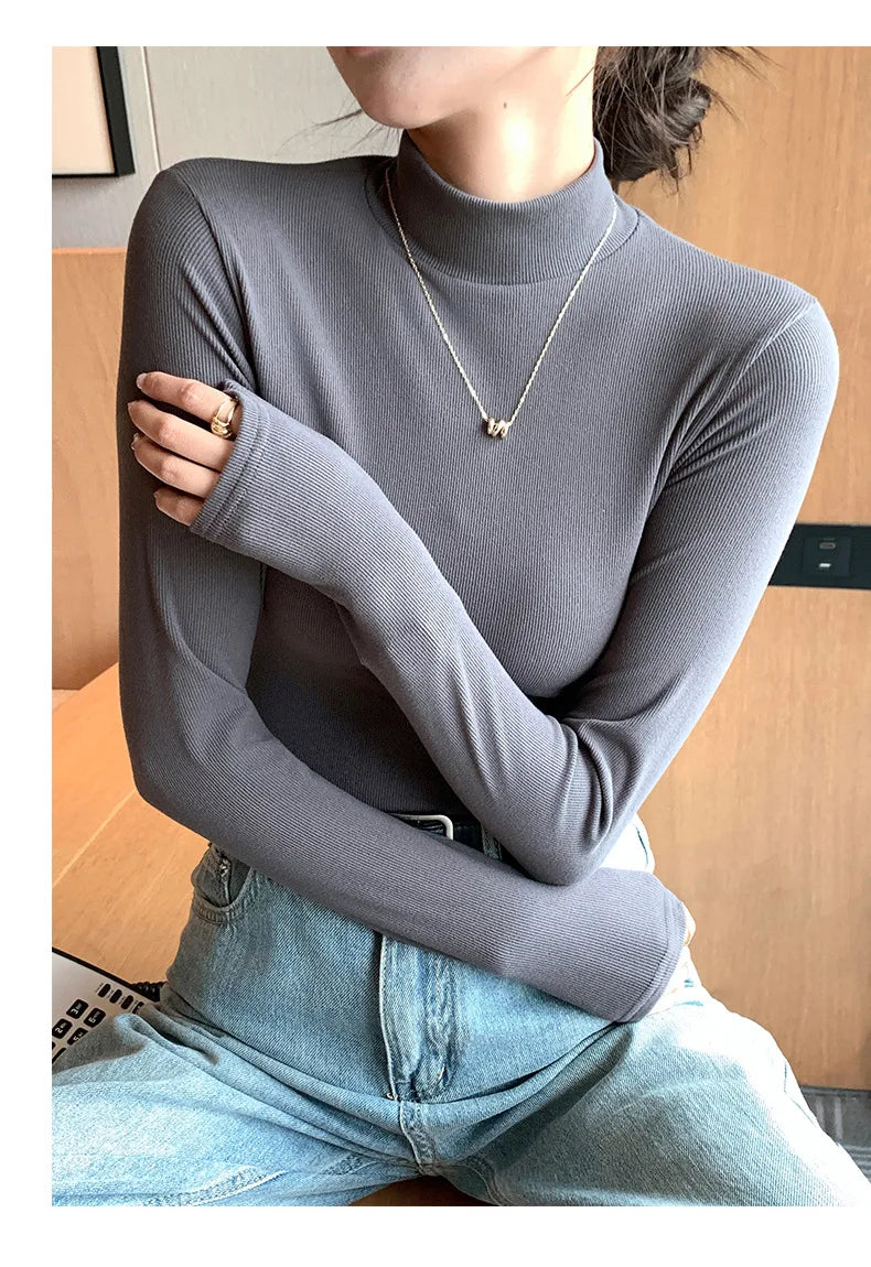 Women's knitted half-turtleneck sweater, slim fit, long sleeves, casual thermal knit top, Korean fashion