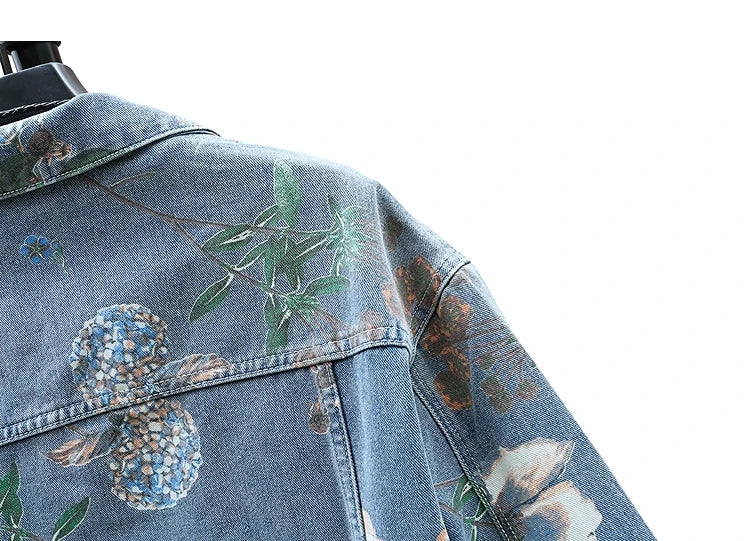 Vintage Floral Print Denim Jacket Men's Distressed Coat Streetwear Loose Fit Long Sleeve Jackets Korean Bomber Jeans Jacket