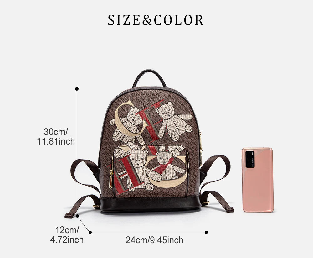 Alphabet Women's Backpack Large Capacity Design Luxury Brand Fashion Little Bear Cartoon Pattern