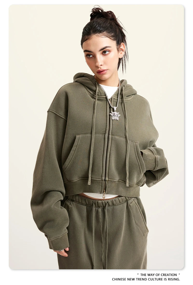 Women’s Fleece Zip Hoodie – HY0448 355gsm, thick, cropped, hooded, loose fit