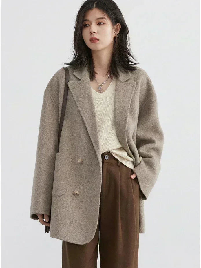 Women’s Double-Breasted Wool Coat – Loose Retro Office Style