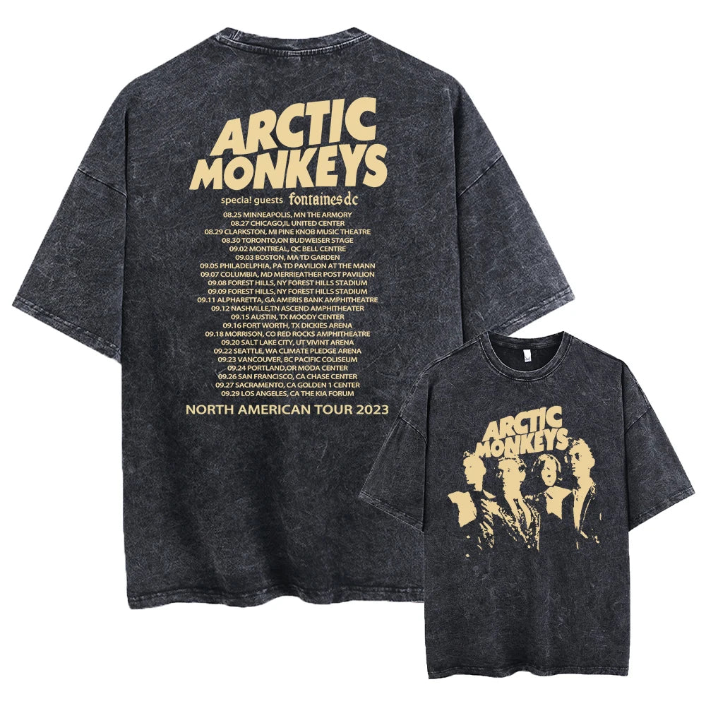 Here is a description based on your input:  Retro Arctic Monkeys Graphic T-Shirt, Vintage Washed, Oversized Fit, Y2K Style, Hip Hop Streetwear for Men