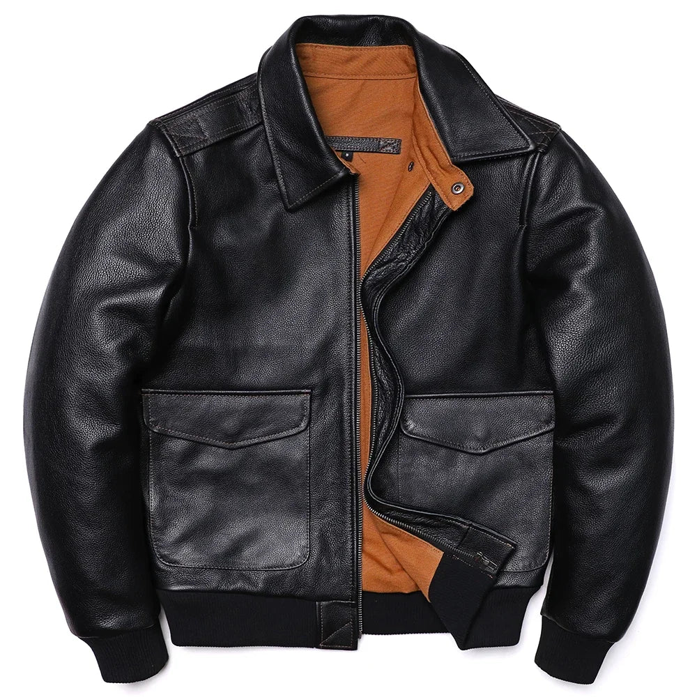 Men's A2-style genuine leather flight jacket made from cowhide and calfskin in brown