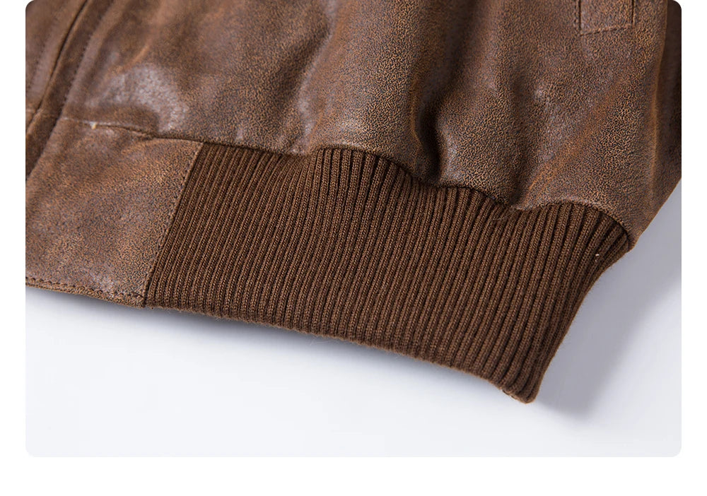 FLAVOR Men's Real Pigskin Leather Bomber Casual Jacket Stand Collar Leather Coat