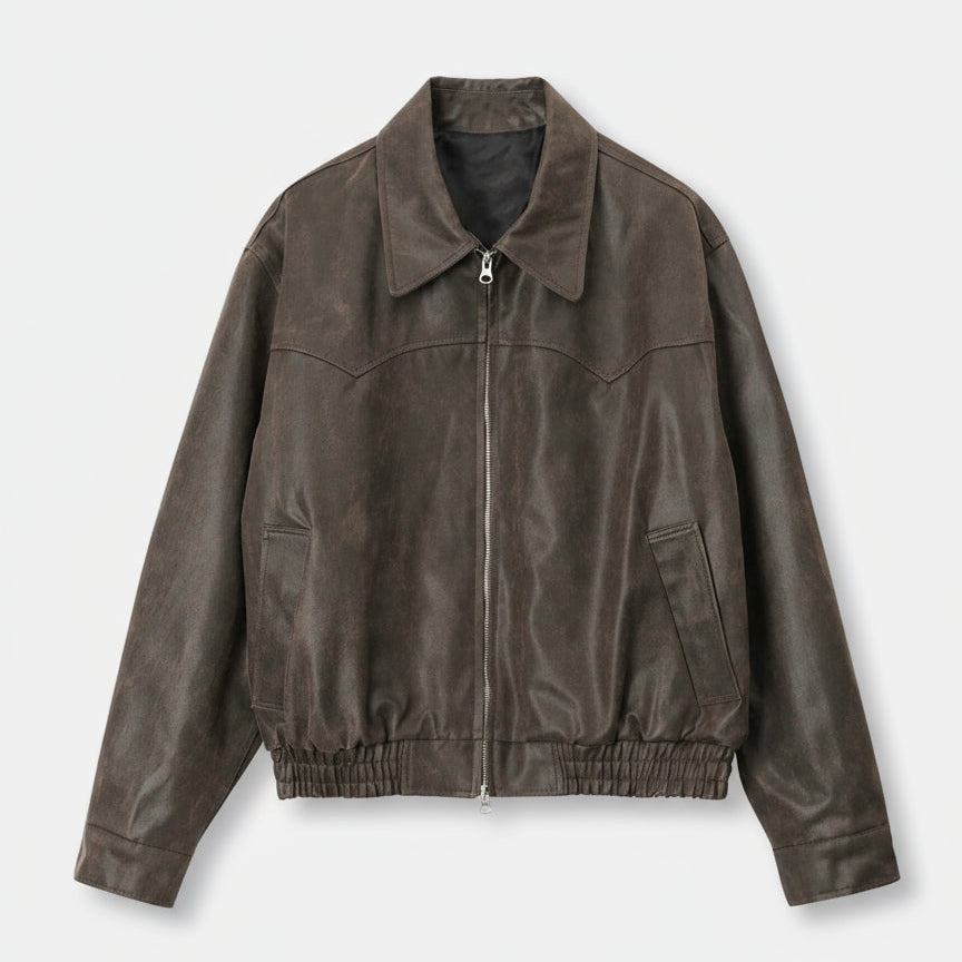 Mauroicardi Vintage PU Leather Jacket – Distressed Brown, Lightweight Korean Style