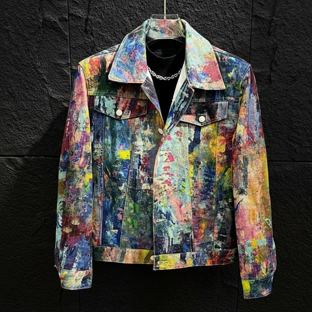 Men’s Graffiti Denim Jacket – Colorful Oil Painting Style, Trendy Loose-Fit Casual Coat