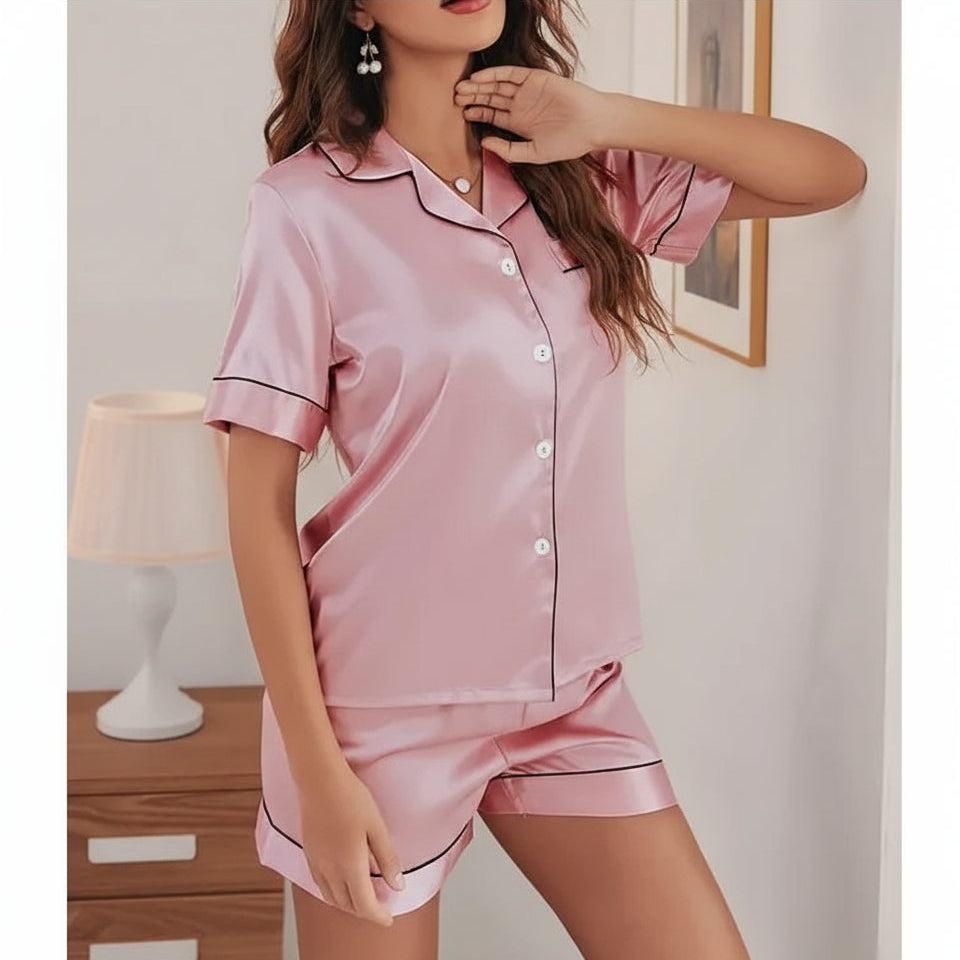 Women’s Satin Pajama Set – 2-Piece Button-Down Top & Shorts Sleepwear