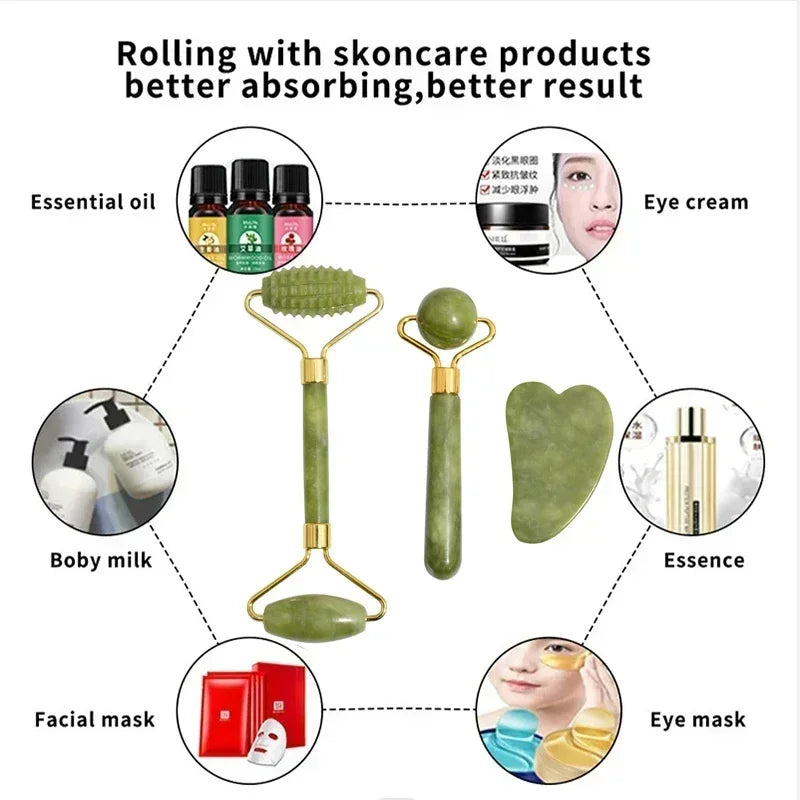 Natural Jade Roller and Gua Sha for Face and Body Massage, Eye Care, and Skin Lifting
