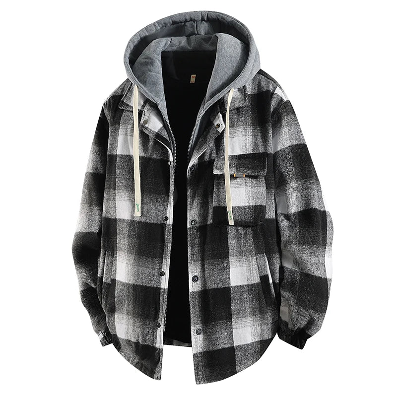 Men's Plus Size 7XL-8XL Hooded Shirt Jacket – Cotton Plaid, Loose Fit, 2-in-1 Style