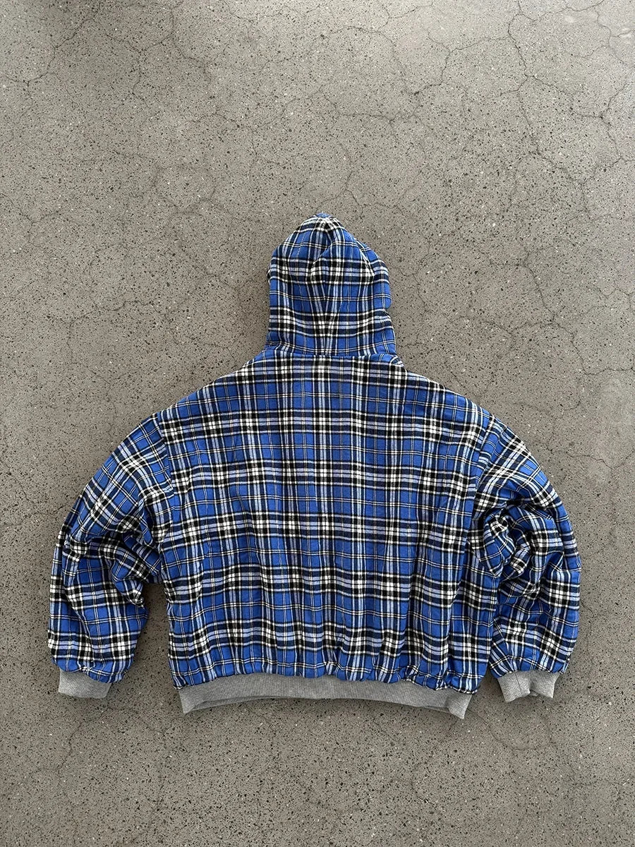 Men's Retro Zipper Hoodie with Blue Stripes and Plaid, 90s Hip Hop Style, Loose Gray Cotton Sweatshirt