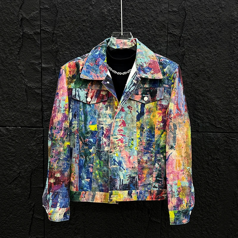 Men’s Graffiti Denim Jacket – Colorful Oil Painting Style, Trendy Loose-Fit Casual Coat