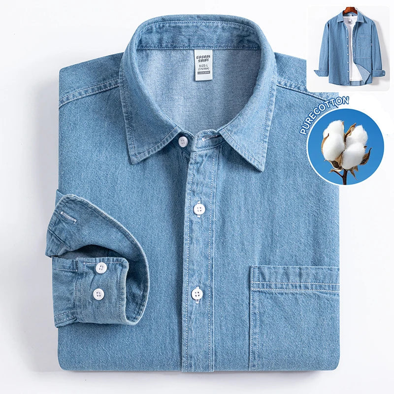 Men’s 100% Cotton Denim Shirt – Long Sleeve, Classic Fit, Pocket Design & Embroidery