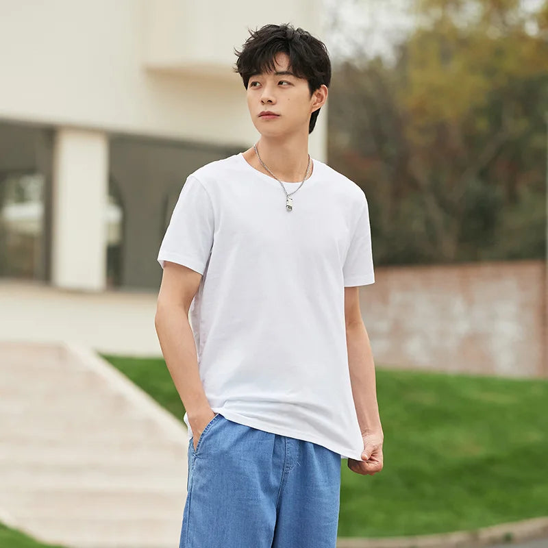 Men’s Summer Cotton O-Neck T-Shirt – Stretchy Solid Casual Tee