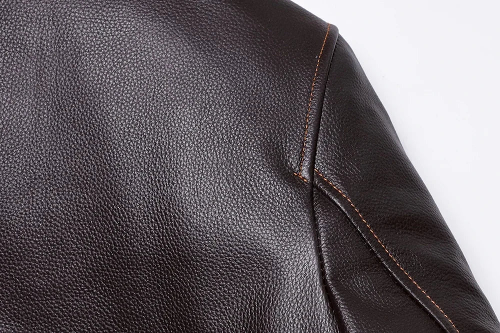 Men's A2-style genuine leather flight jacket made from cowhide and calfskin in brown