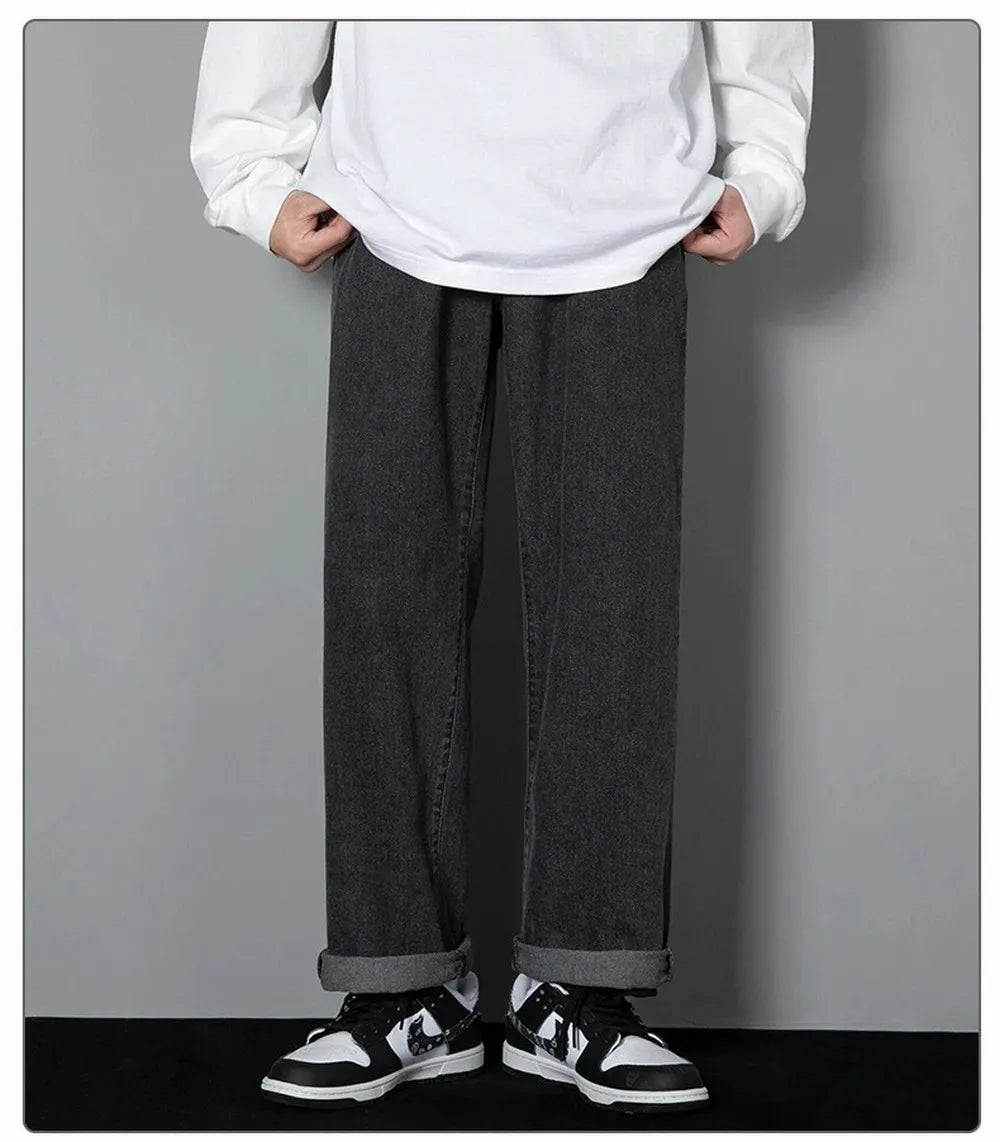 Korean Solid Colors Men's Casual Long Jeans Classic Man Four Seasons Straight Denim Wide-leg Pants Light Blue Grey Black 3XL