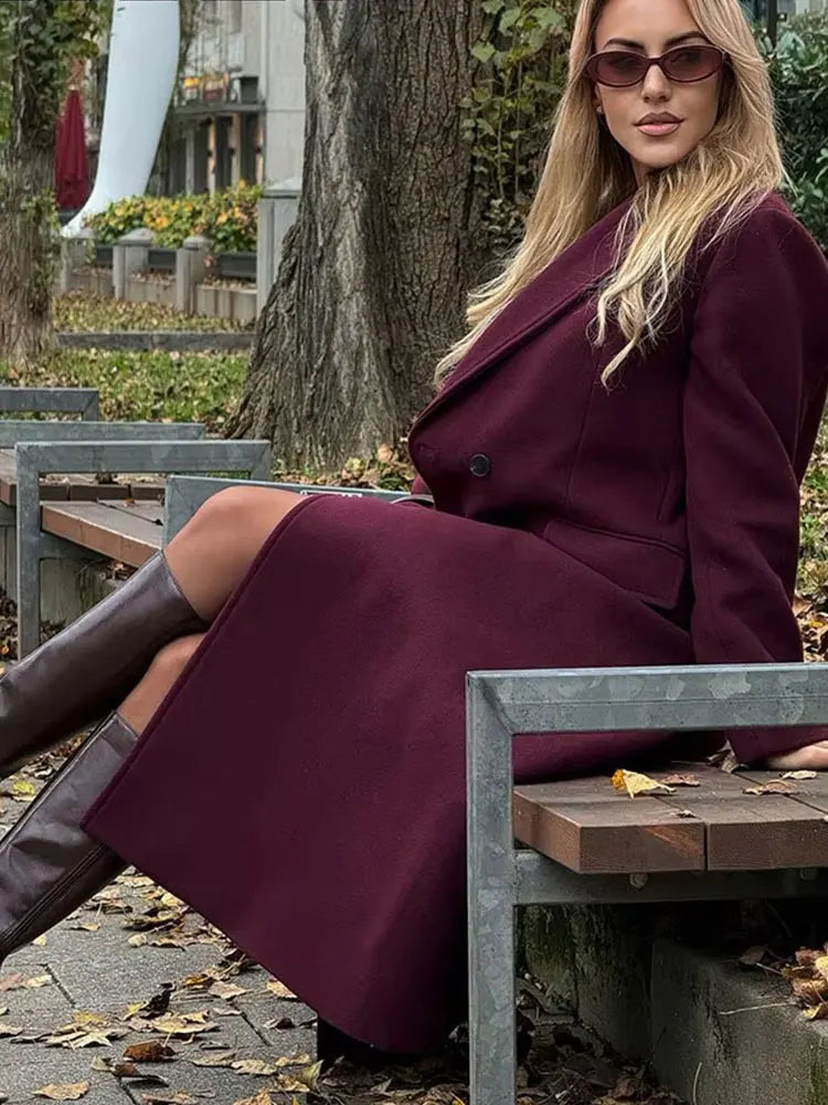 HH Women’s Burgundy Wool Coat – Double-Breasted, Long Sleeve Lapel Jacket