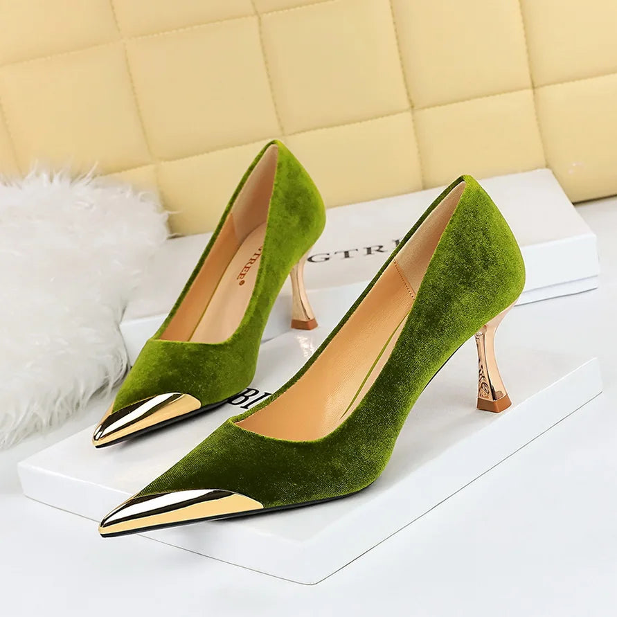 BIGTREE Velvet Wine Glass Heels – Sexy Pointed Party Pumps for Women