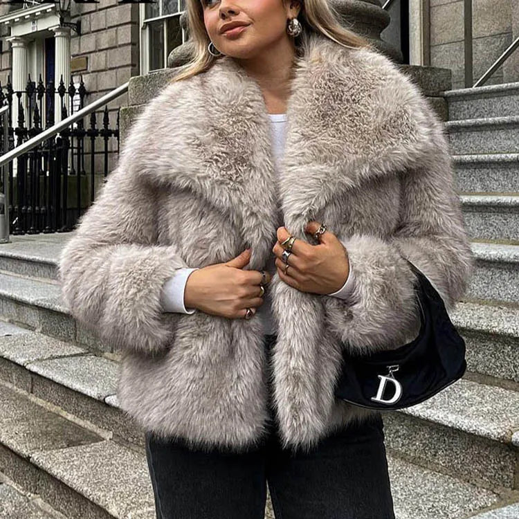 HH Women Cropped Faux Fur Jacket – Chic Thick Coat with Lapel Collar & Snap Button