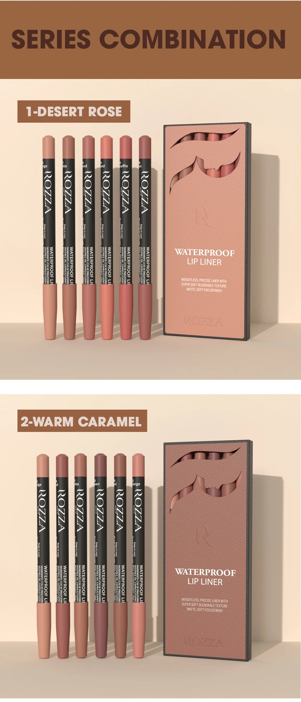 Rozza Waterproof Lip Liner Set – weightless, precise, soft, blendable matte texture