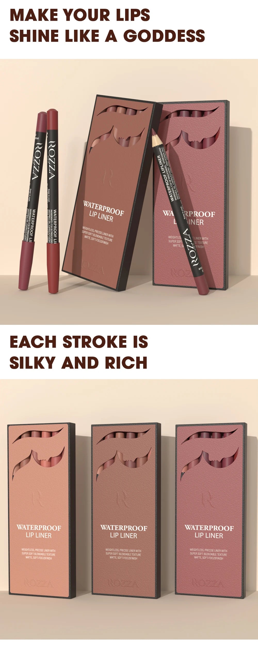 Rozza Waterproof Lip Liner Set – weightless, precise, soft, blendable matte texture