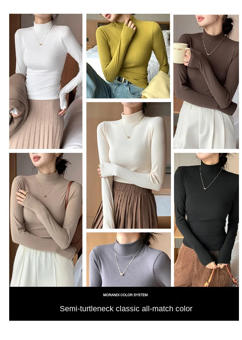 Women's knitted half-turtleneck sweater, slim fit, long sleeves, casual thermal knit top, Korean fashion