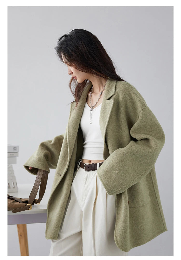 Women’s Double-Breasted Wool Coat – Loose Retro Office Style