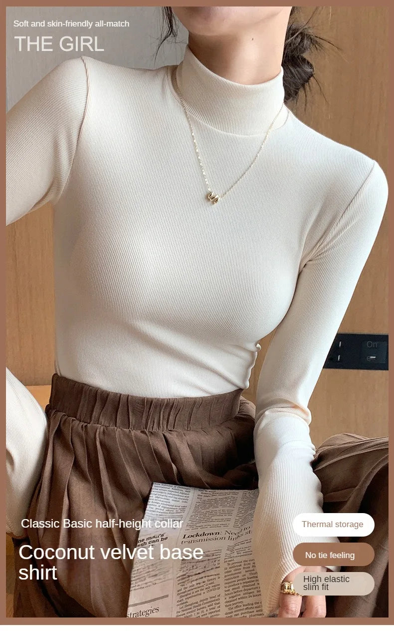 Women's knitted half-turtleneck sweater, slim fit, long sleeves, casual thermal knit top, Korean fashion