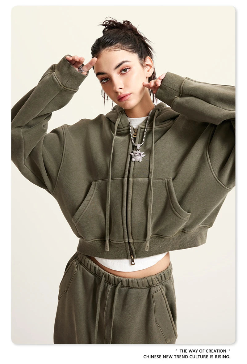 Women’s Fleece Zip Hoodie – HY0448 355gsm, thick, cropped, hooded, loose fit