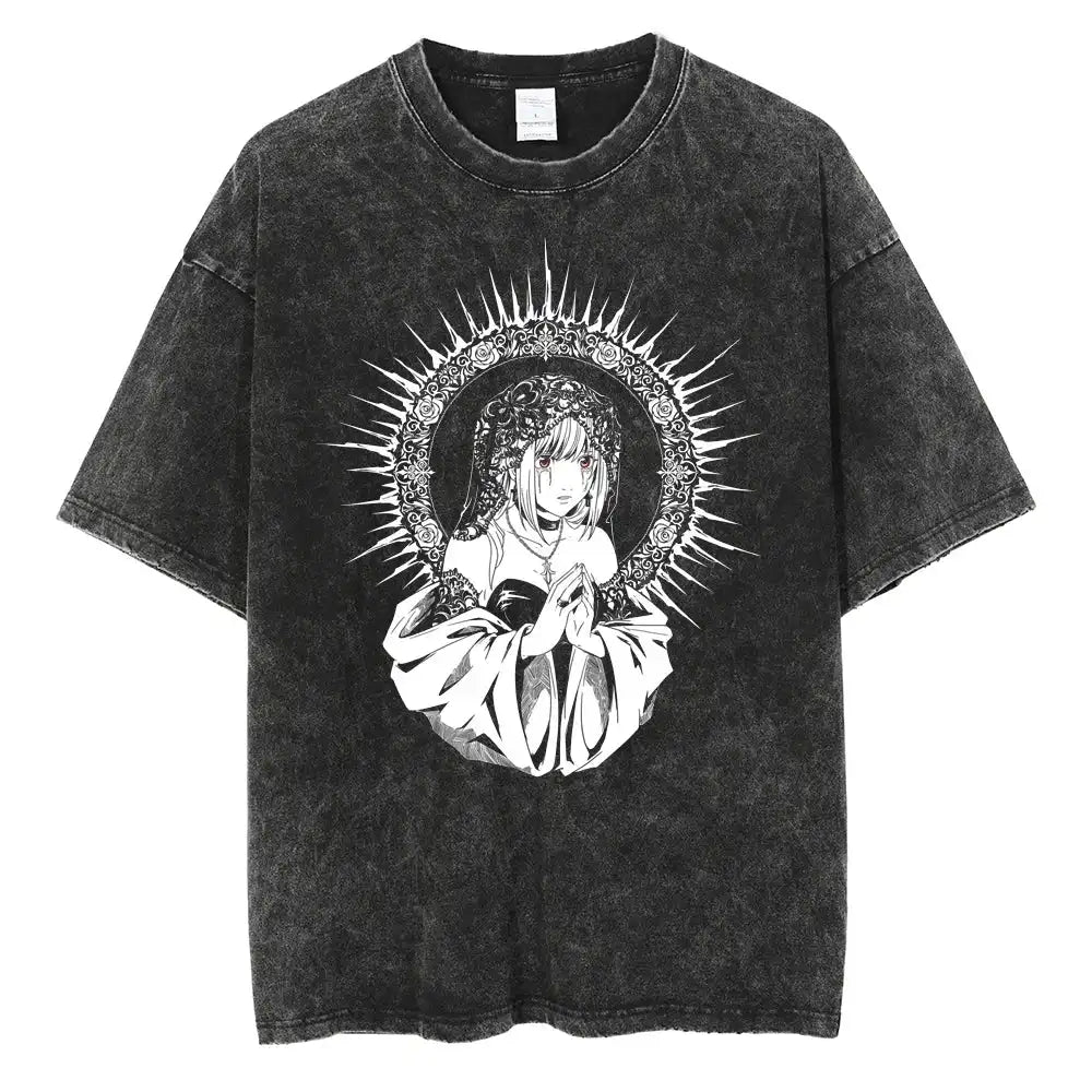 Harajuku Vintage Washed T-Shirt with Death Note Anime Graphic, Oversized Cotton Streetwear for Men and Women