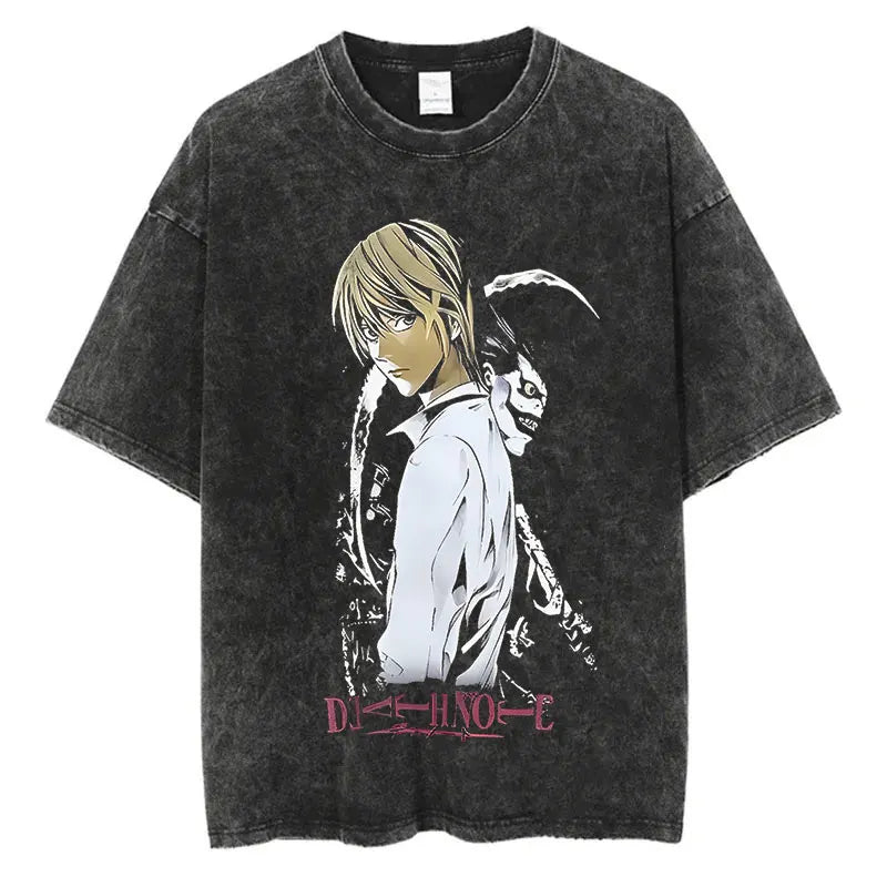 Harajuku Vintage Washed T-Shirt with Death Note Anime Graphic, Oversized Cotton Streetwear for Men and Women